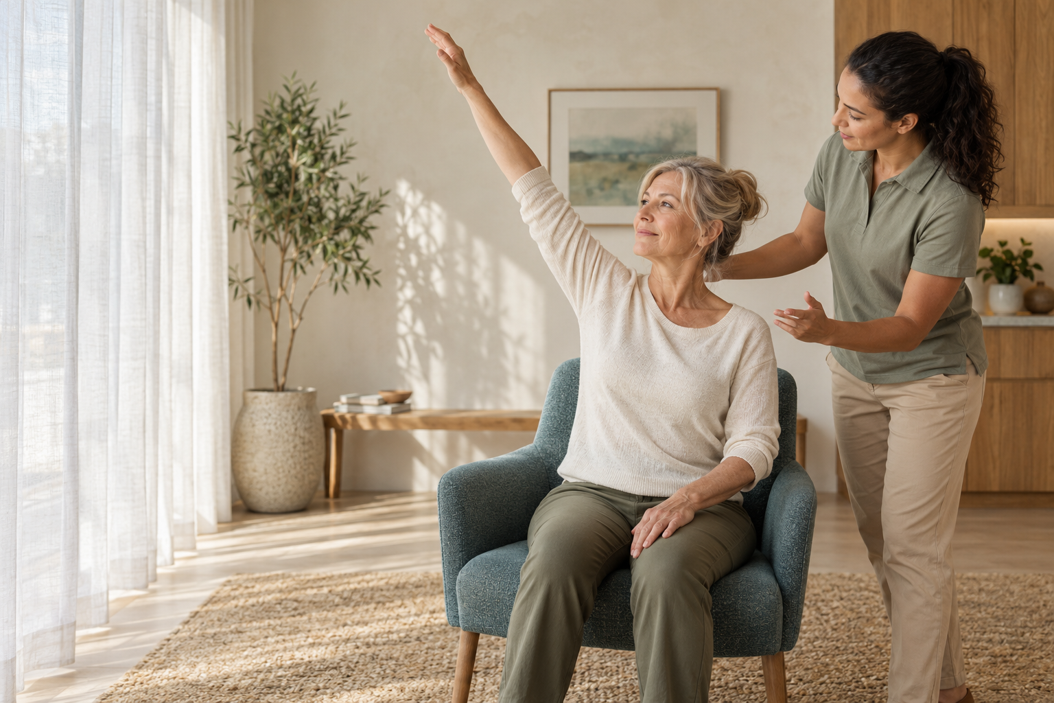 A seated person raising an arm while another person offers support